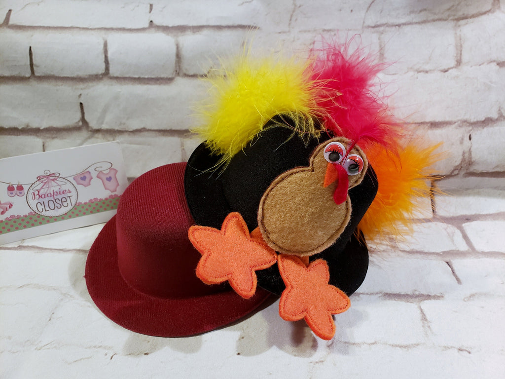 Thanksgiving Mini Top Hat Headband – Embroidered Turkey Felt Hat for Adults, Kids & Pets