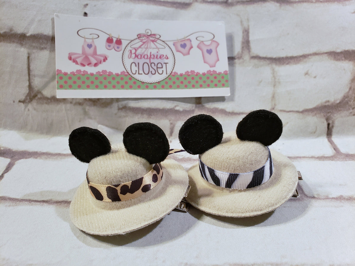 Safari Mini Hat Barrette – 2" Leopard or Zebra Ribbon Hair Clip for Adults, Kids & Pets