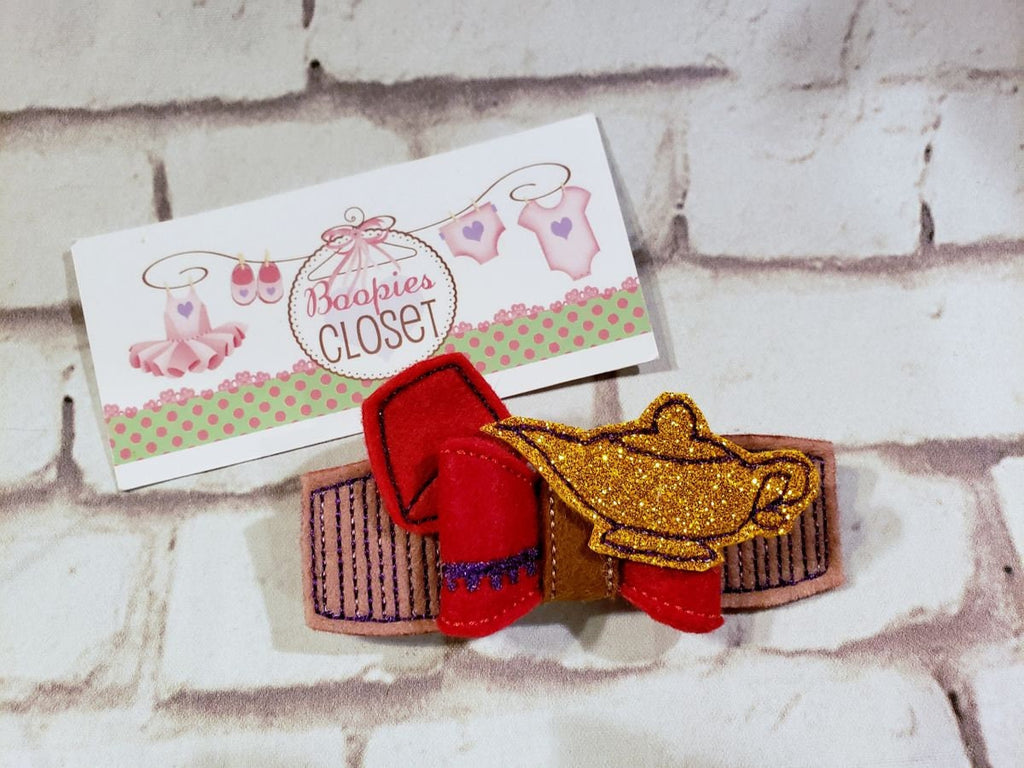 Arabian Nights 3D Embroidered Bow – Genie & Magic Carpet Aladdin Themed Hair Accessory for Kids