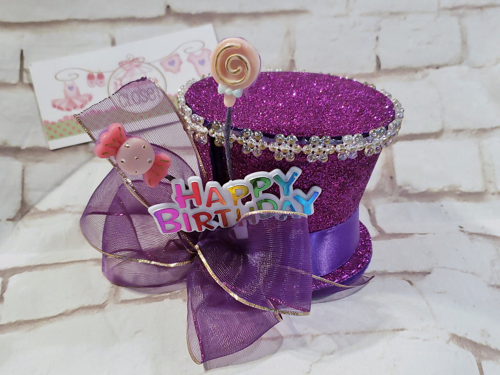 Purple Candy Birthday Sparkle Mini Top Hat – Party Costume Hat for Adults, Kids & Pets