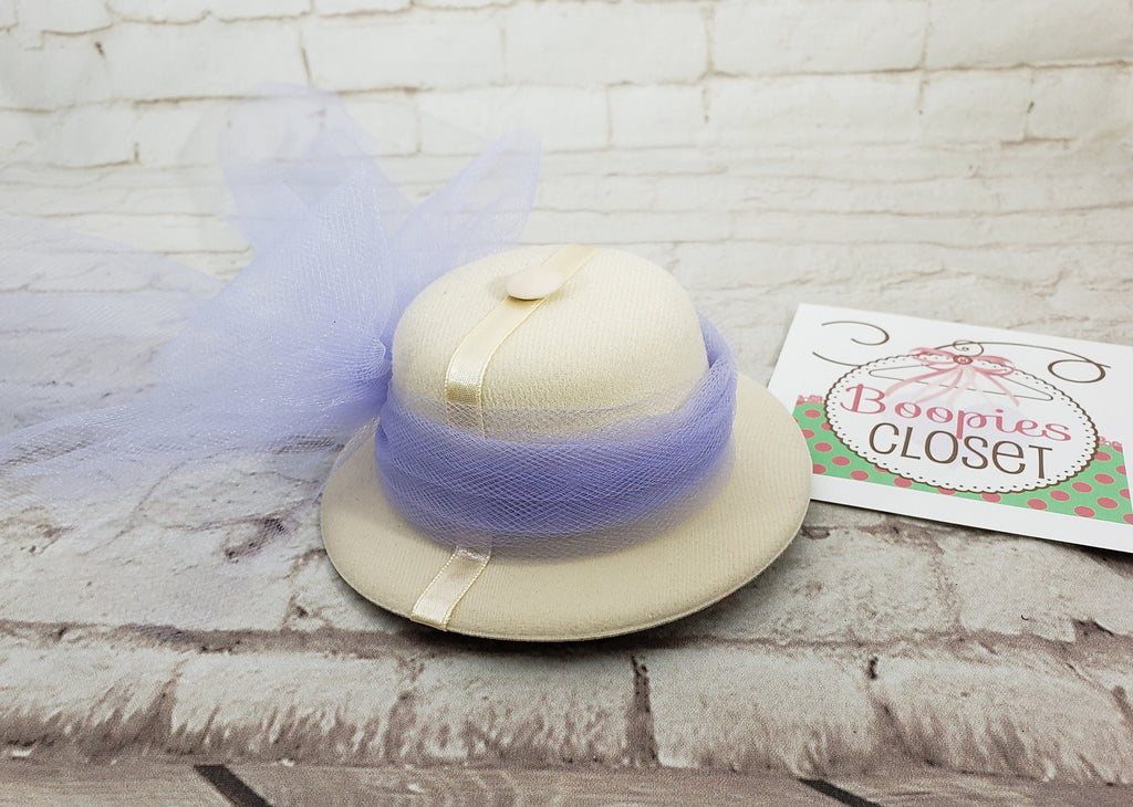 Mini Pith Hat Barrette – Jungle Safari Beige Hat with Lavender Tulle, Explorer Hair Clip for Kids