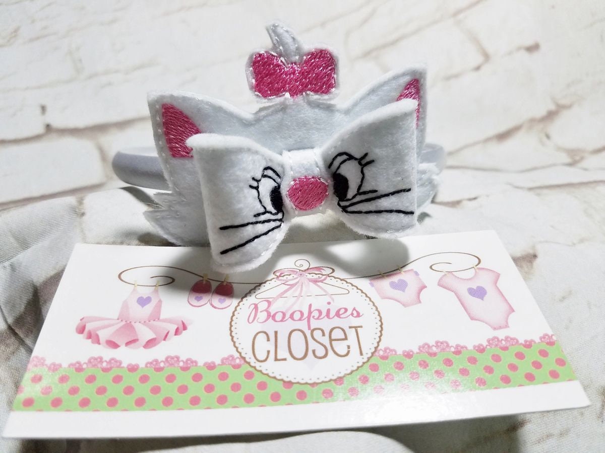 Cat 3D Embroidered Felt Bow – Cute Kitty Barrette or Headband for Girls & Kids, Animal Hair Accessory
