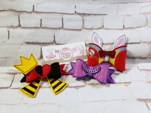 Alice in Wonderland 3D Embroidered Bow – Mad Hatter & Queen of Hearts Headband for Girls & Kids