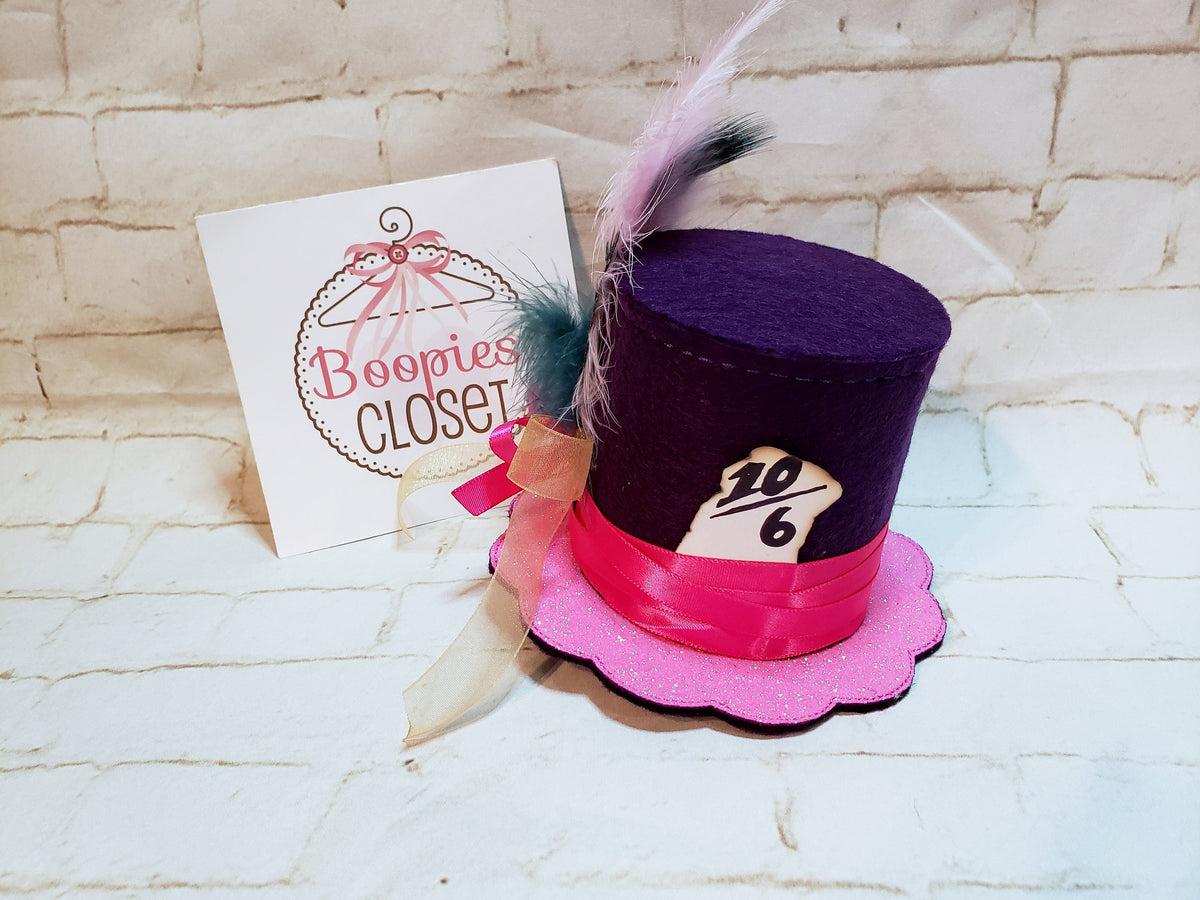 Fancy Mad Hatter Mini Top Hat – Purple Felt with Feathers & Ribbon, Alice in Wonderland Costume