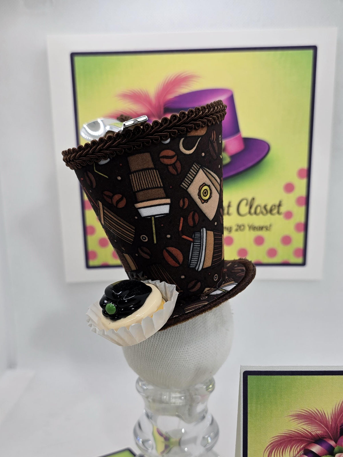 Coffee Cup Mini Hat: Coffee Themed Fabric, Petit Four Topping