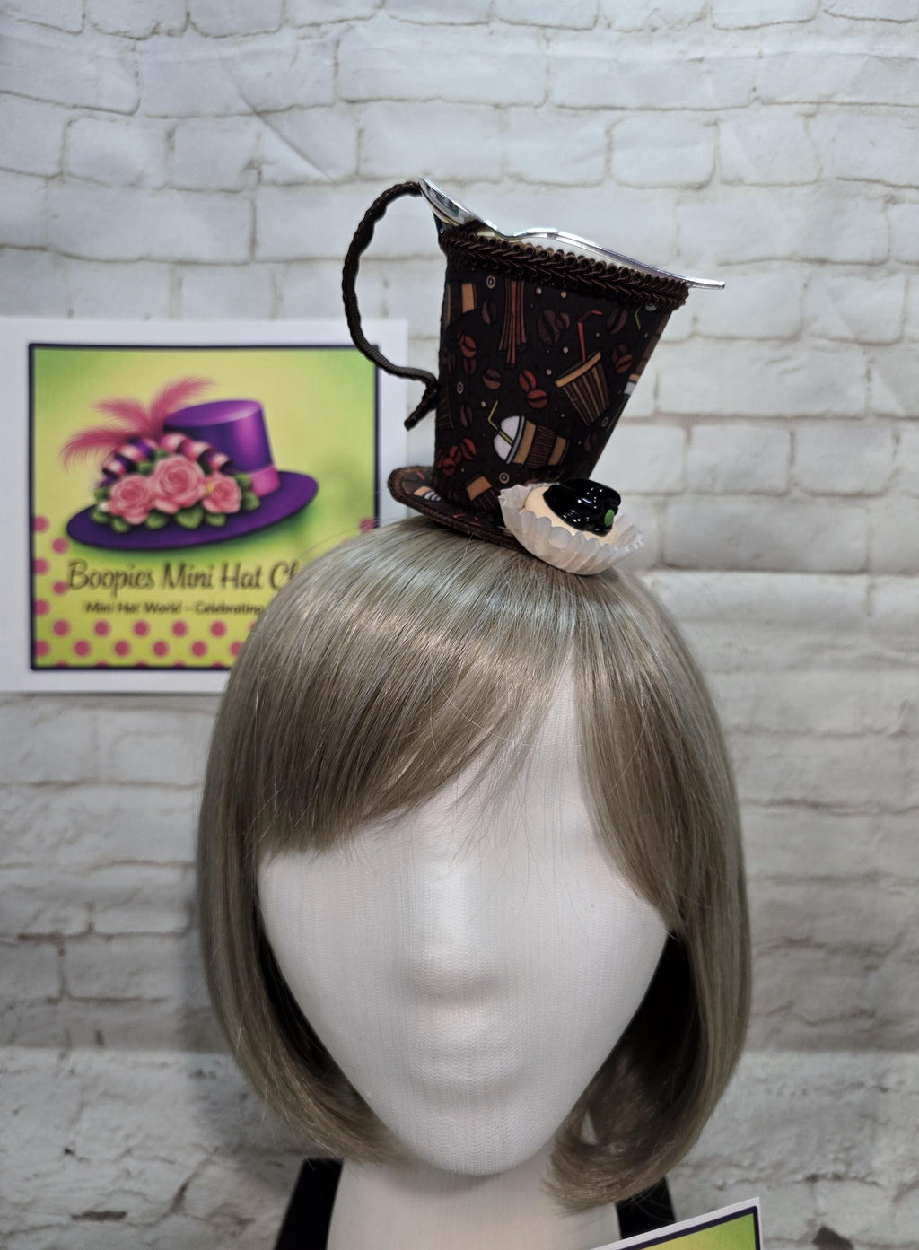 Coffee Cup Mini Hat: Coffee Themed Fabric, Petit Four Topping