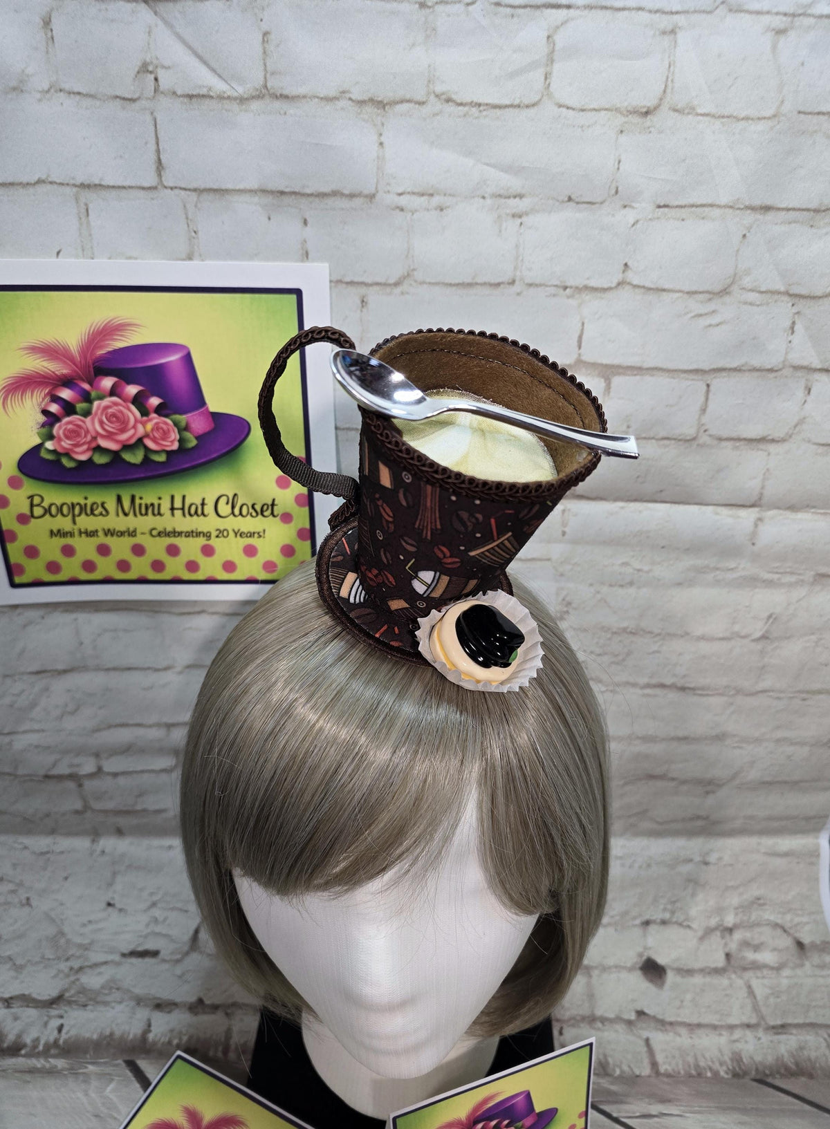 Coffee Cup Mini Hat: Coffee Themed Fabric, Petit Four Topping