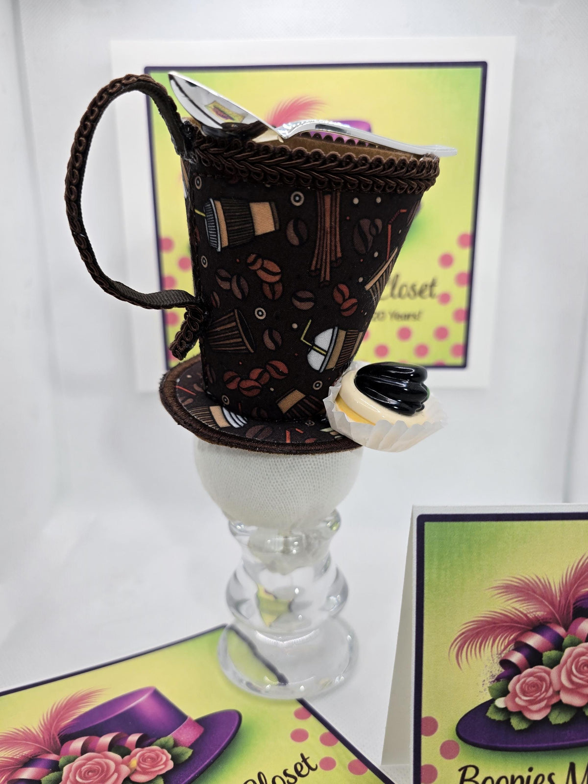 Coffee Cup Mini Hat: Coffee Themed Fabric, Petit Four Topping