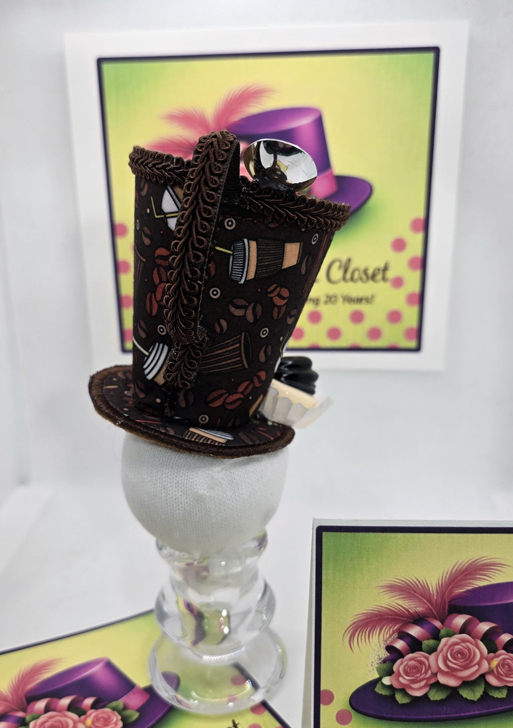 Coffee Cup Mini Hat: Coffee Themed Fabric, Petit Four Topping