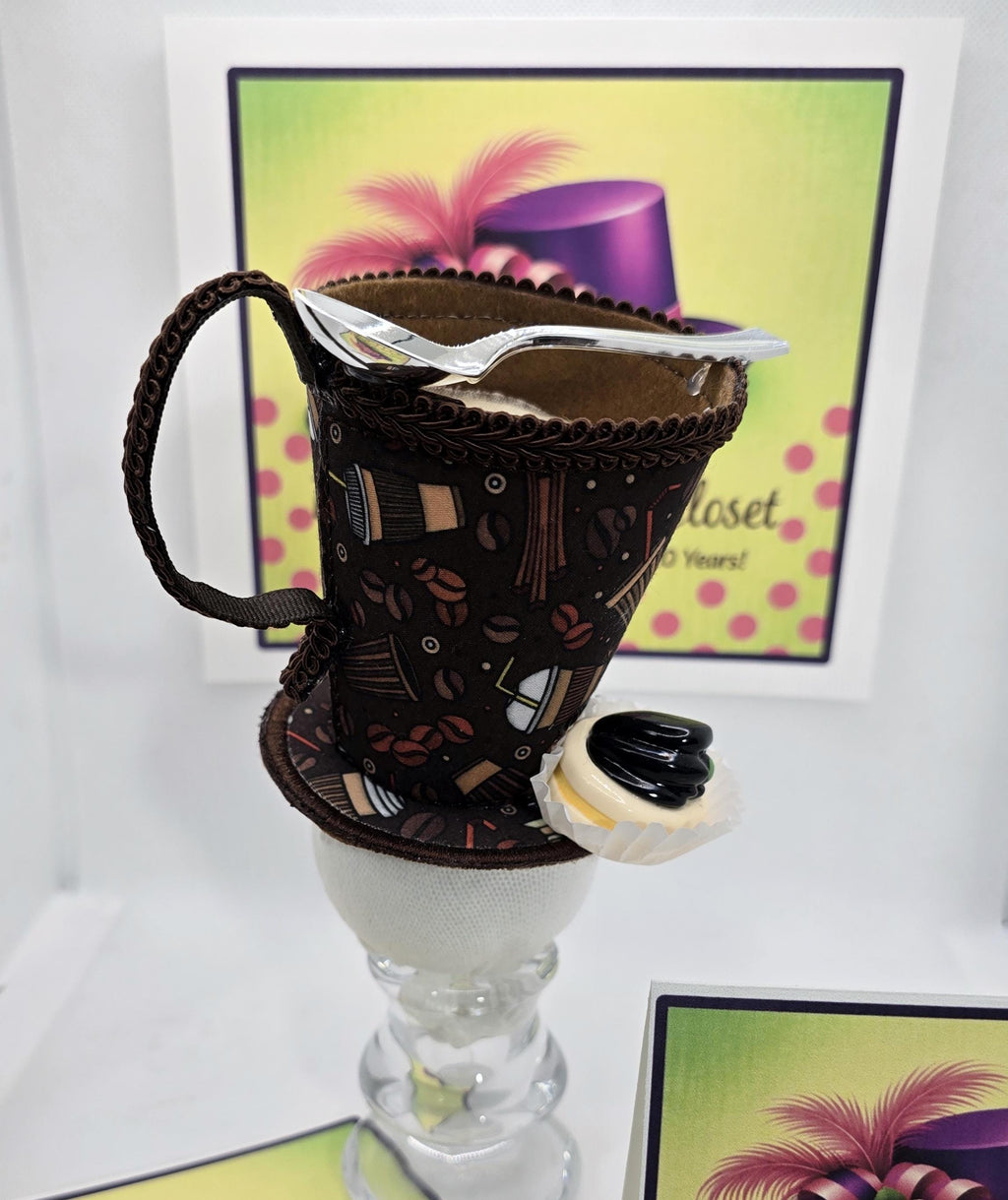 Coffee Cup Mini Hat: Coffee Themed Fabric, Petit Four Topping