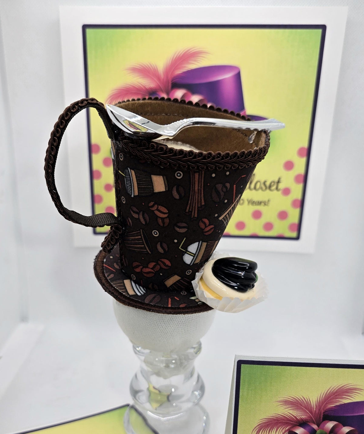 Coffee Cup Mini Hat: Coffee Themed Fabric, Petit Four Topping