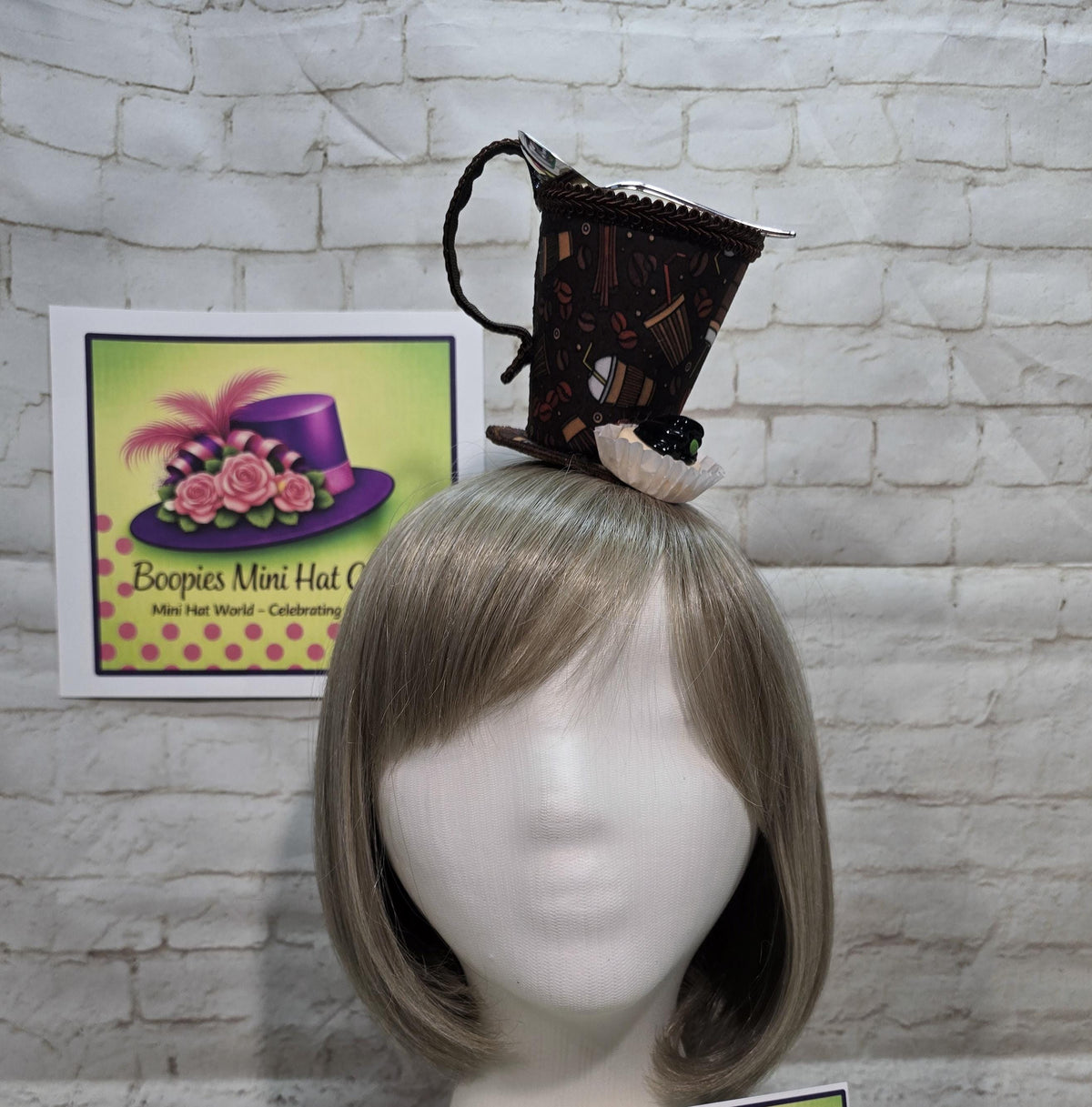 Coffee Cup Mini Hat: Coffee Themed Fabric, Petit Four Topping