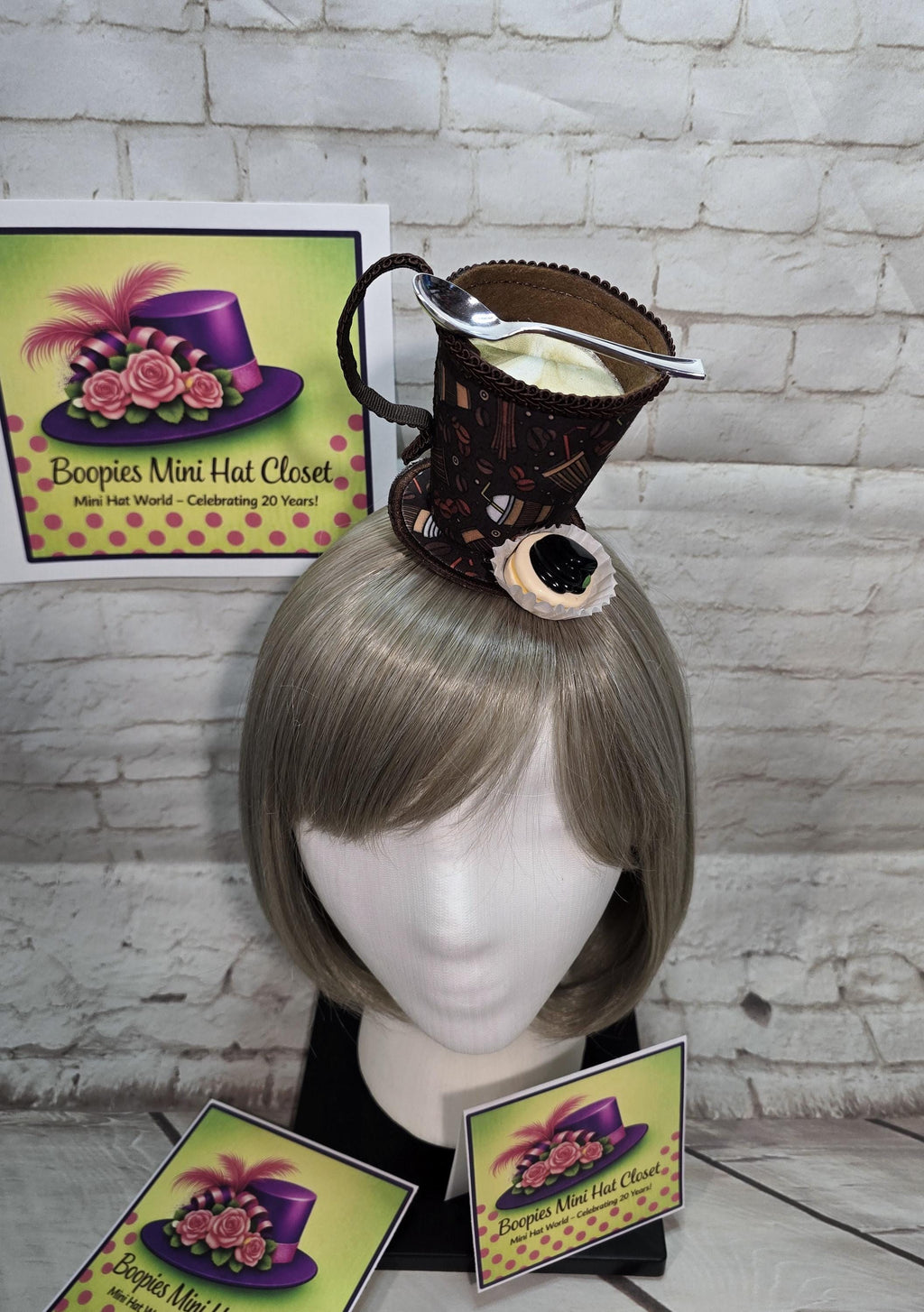 Coffee Cup Mini Hat: Coffee Themed Fabric, Petit Four Topping