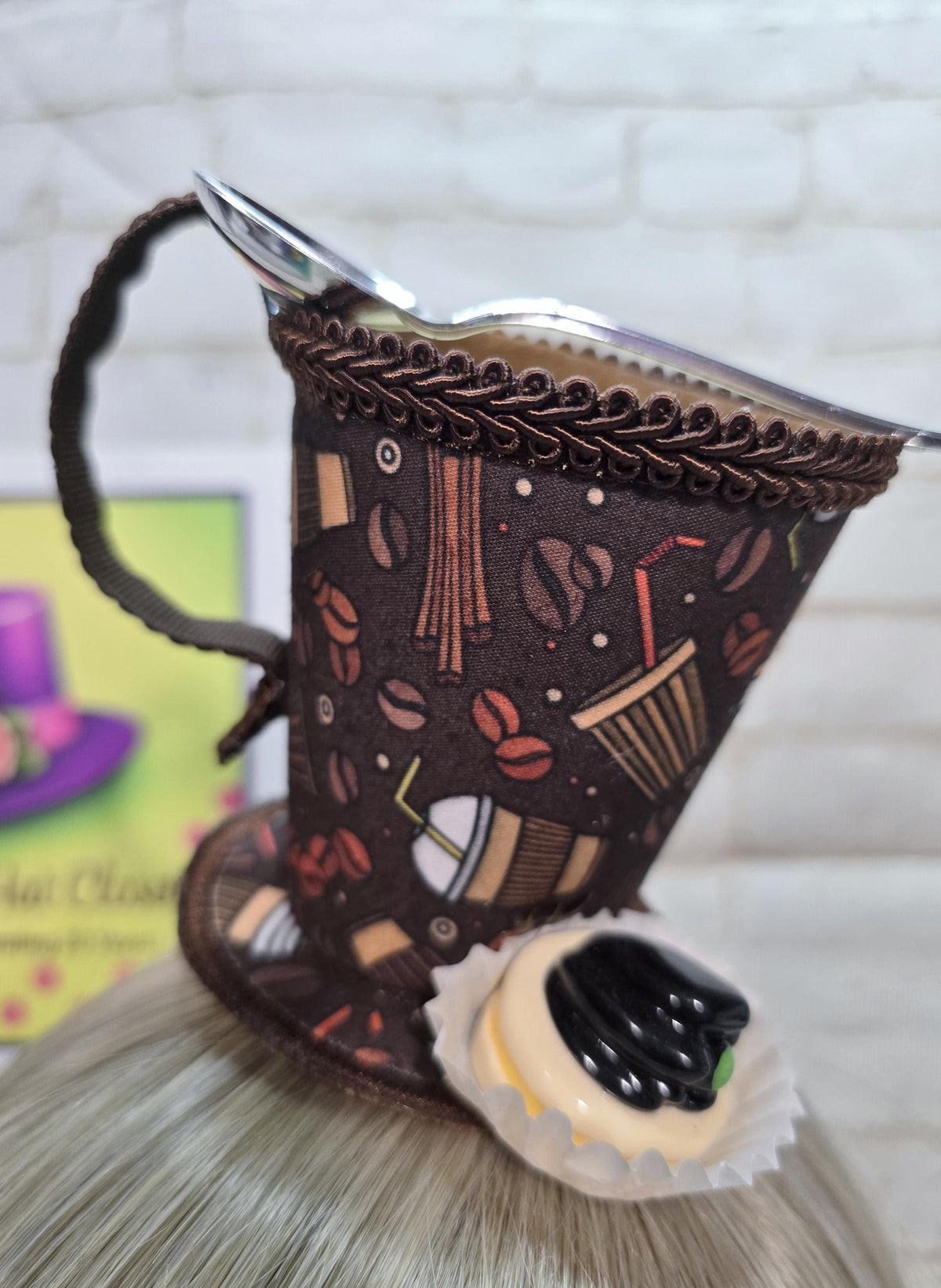 Coffee Cup Mini Hat: Coffee Themed Fabric, Petit Four Topping