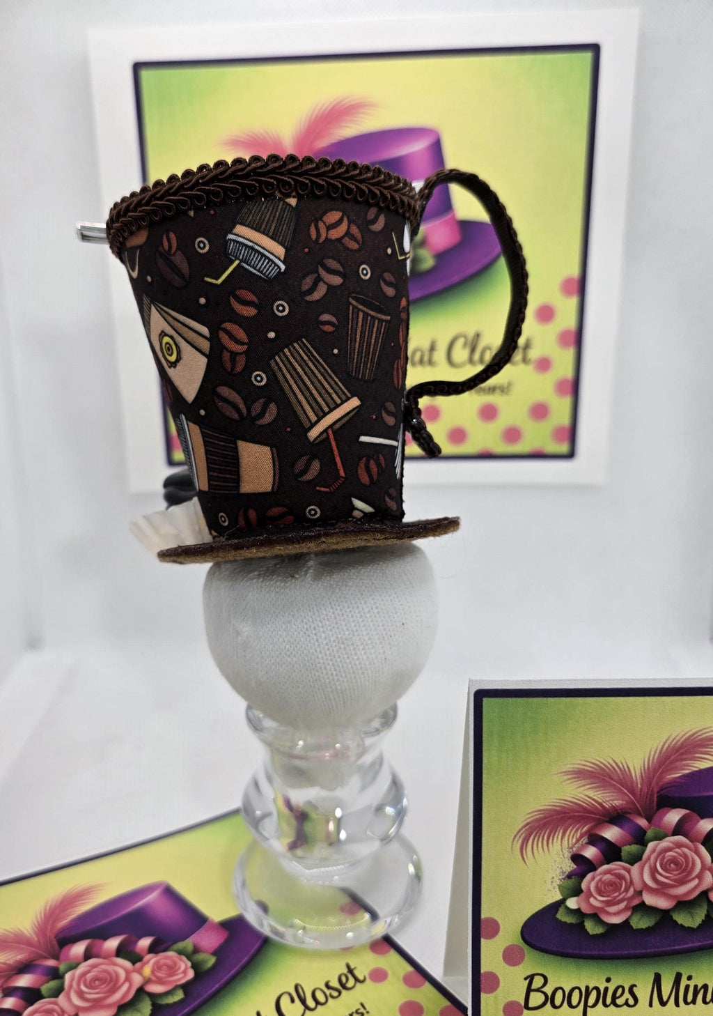 Coffee Cup Mini Hat: Coffee Themed Fabric, Petit Four Topping