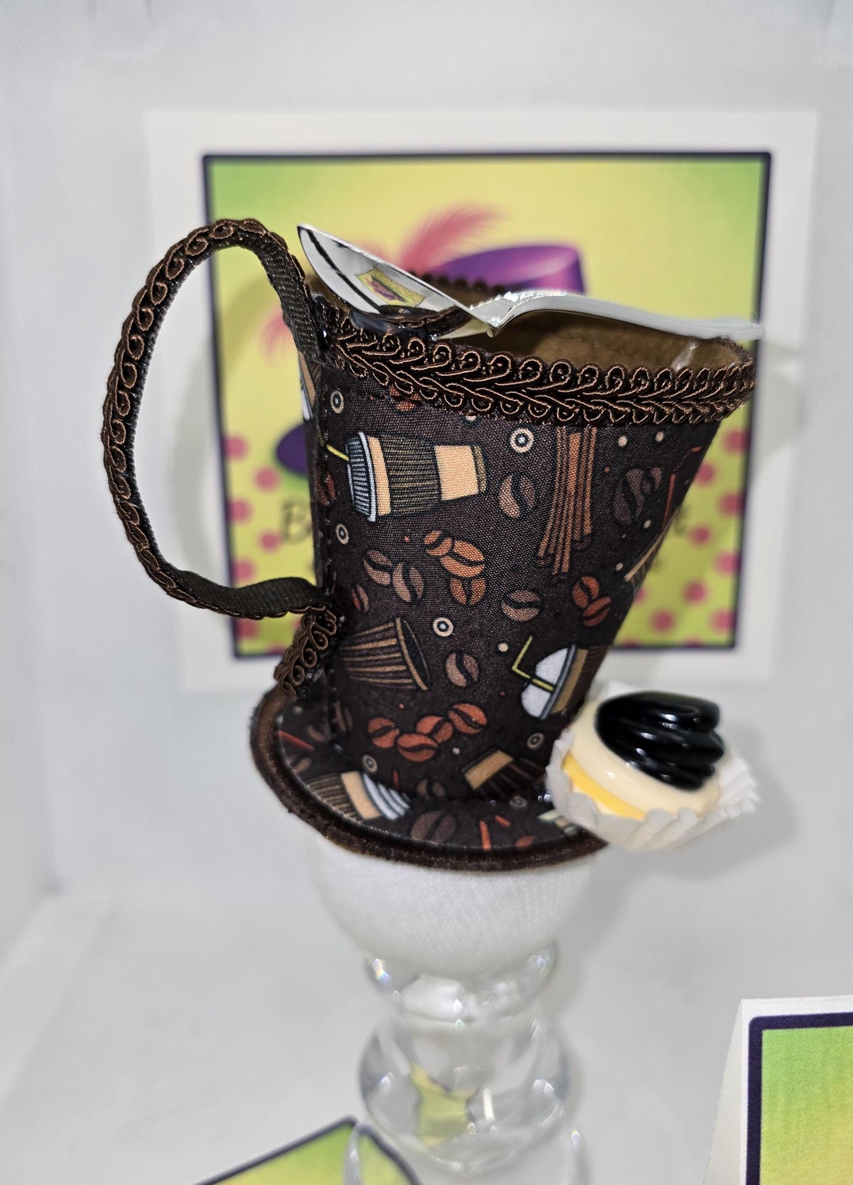Coffee Cup Mini Hat: Coffee Themed Fabric, Petit Four Topping