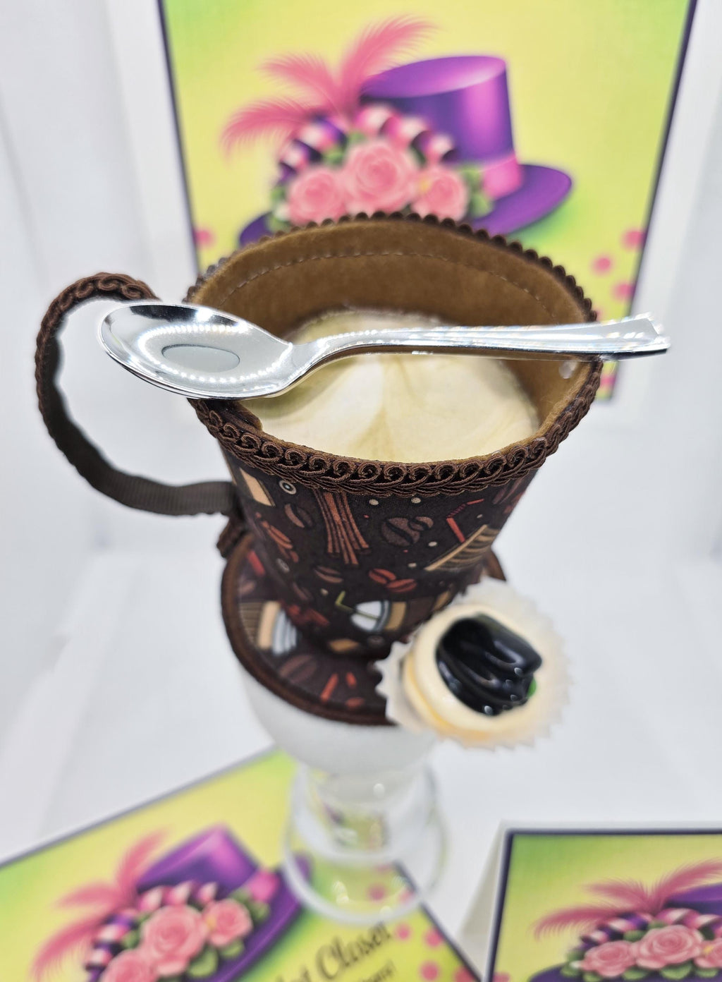 Coffee Cup Mini Hat: Coffee Themed Fabric, Petit Four Topping