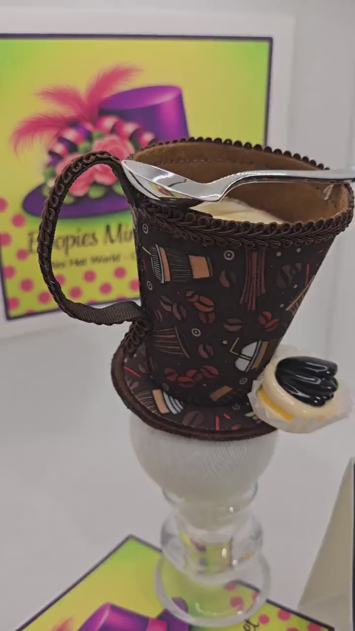 Coffee Cup Mini Hat: Coffee Themed Fabric, Petit Four Topping